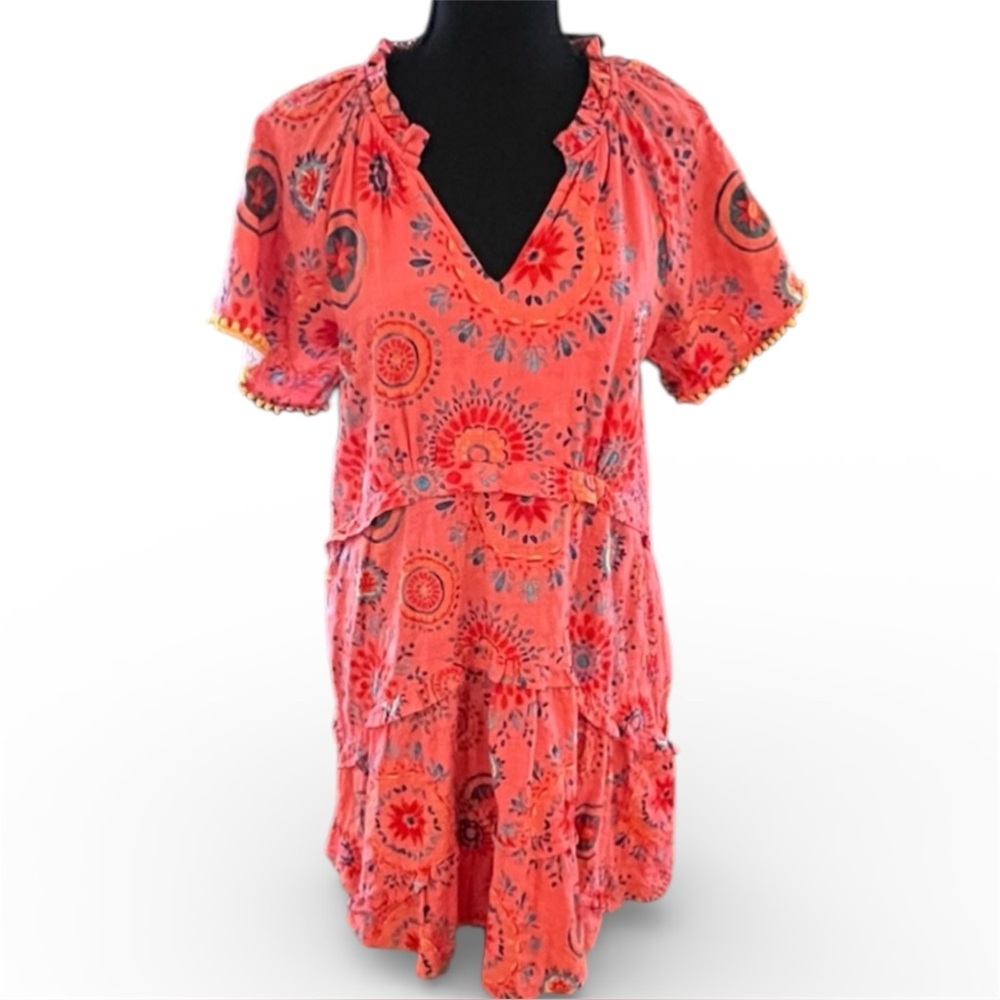 THML Sz M Mini Dress Linen-like Orange Printed Floral Tiered Blousy Sleeve Boho - Picture 2 of 8